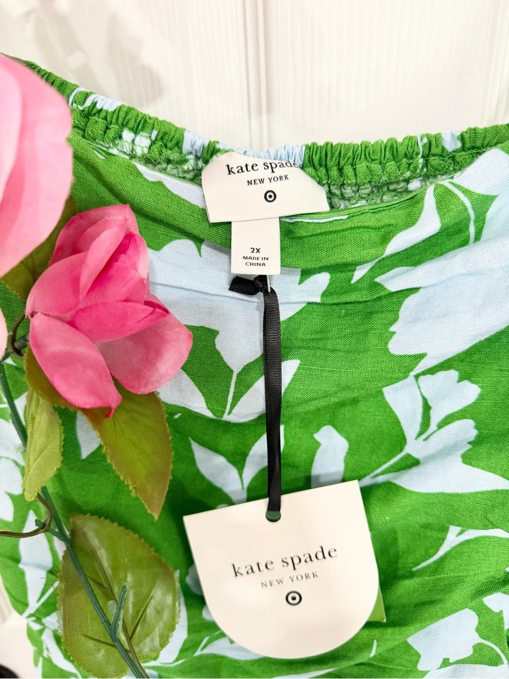 NEW Kate Spade x Target Linen Ruched Bow Cami Top Green Floral Plus Size 2X